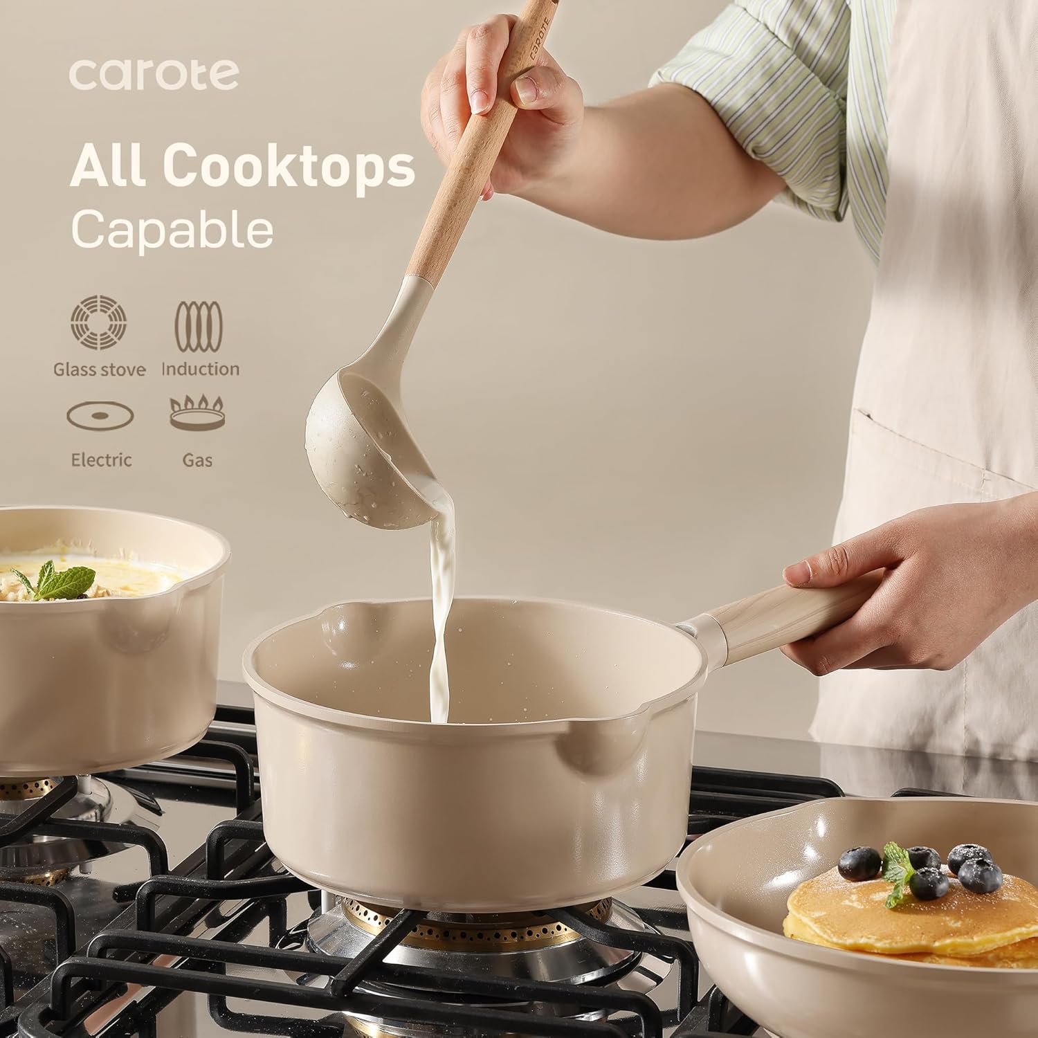 CAROTE 25pcs Ceramic Pots and Pans Set, Healthy Kitchen Cookware Sets, Kitchen Induction Pots and Pans Cooking Sets, Taupe-4