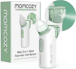 Momcozy 2-in-1 Baby Nasal Aspirator with Nasal Spray, Electric Nasal Aspirator for Baby, Battery Powered Nose Aspirator for Newborn and Toddler, 2 Tips Replacements, BN005