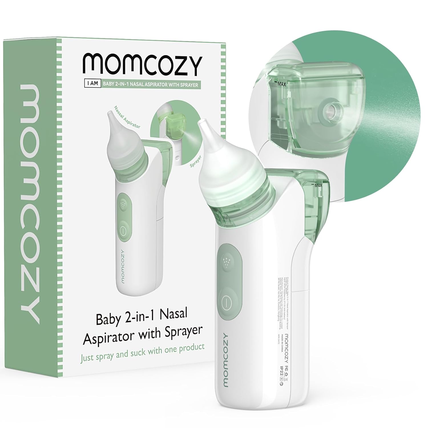 Momcozy 2-in-1 Baby Nasal Aspirator with Nasal Spray, Electric Nasal Aspirator for Baby, Battery Powered Nose Aspirator for Newborn and Toddler, 2 Tips Replacements, BN005-0