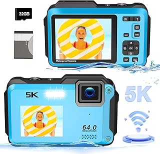 5K Underwater Camera, WiFi 16FT Waterproof Digital Camera, 16X Digital Zoom Dual-Screen Selfie 64MP Underwater Camera for Snorkeling, Waterproof Camera with Fill Light, Lanyard & 32GB TF Card, Blue