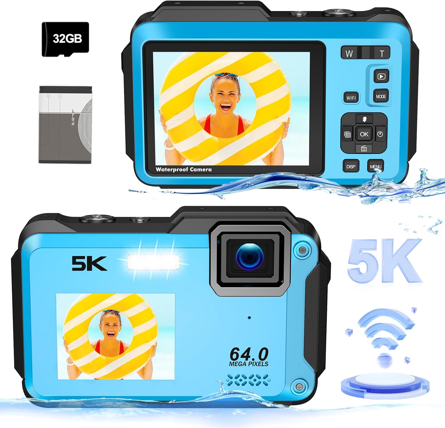 5K Underwater Camera, WiFi 16FT Waterproof Digital Camera, 16X Digital Zoom Dual-Screen Selfie 64MP Underwater Camera for Snorkeling, Waterproof Camera with Fill Light, Lanyard & 32GB TF Card, Blue-0