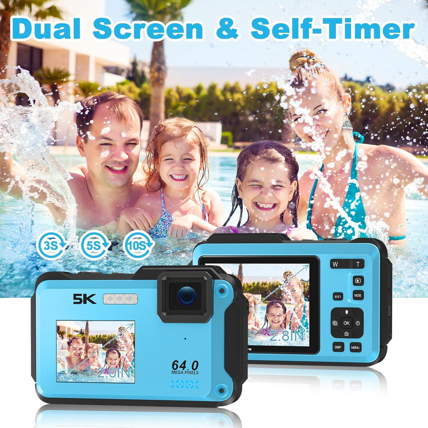 5K Underwater Camera, WiFi 16FT Waterproof Digital Camera, 16X Digital Zoom Dual-Screen Selfie 64MP Underwater Camera for Snorkeling, Waterproof Camera with Fill Light, Lanyard & 32GB TF Card, Blue-3