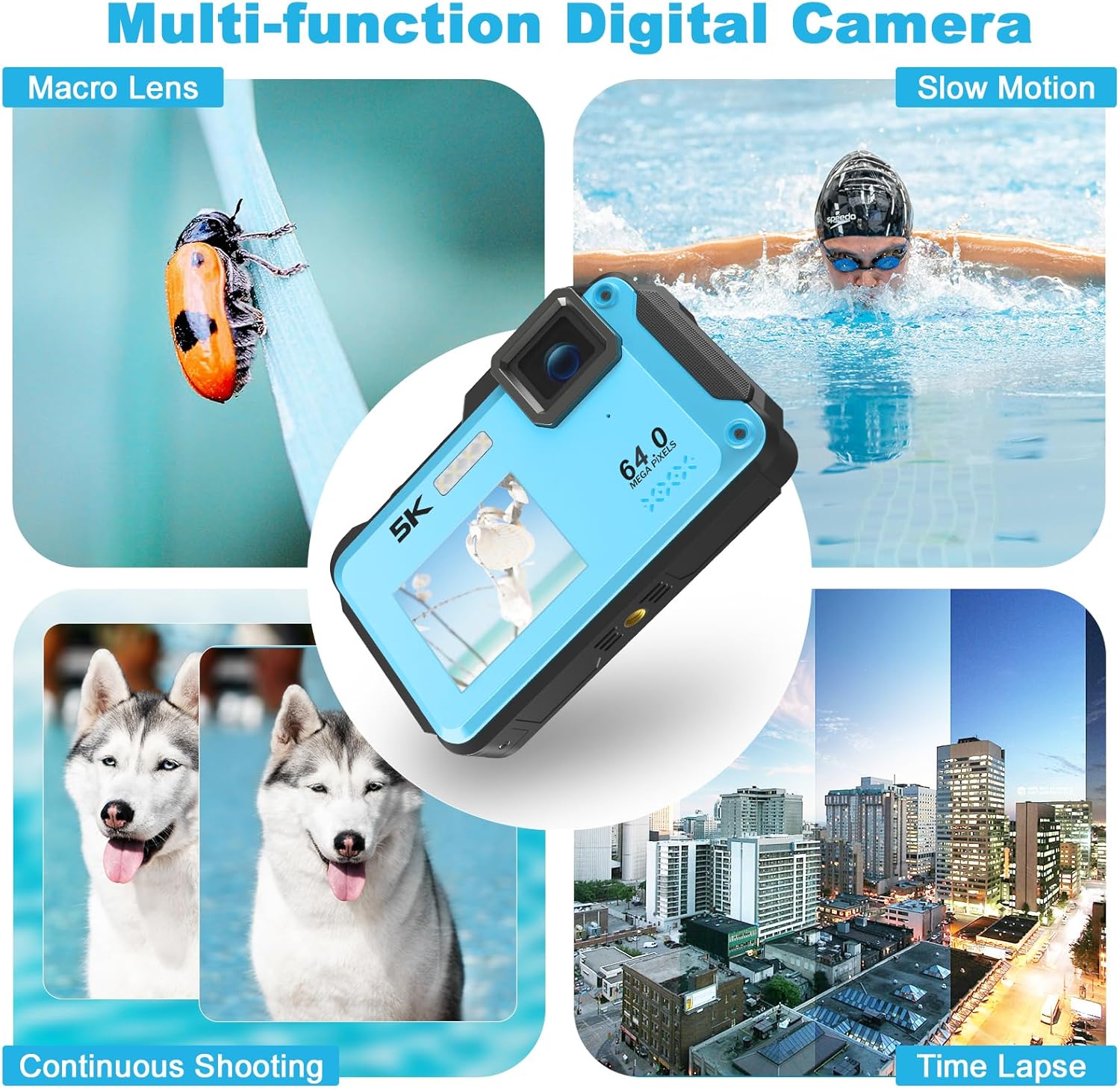 5K Underwater Camera, WiFi 16FT Waterproof Digital Camera, 16X Digital Zoom Dual-Screen Selfie 64MP Underwater Camera for Snorkeling, Waterproof Camera with Fill Light, Lanyard & 32GB TF Card, Blue-4