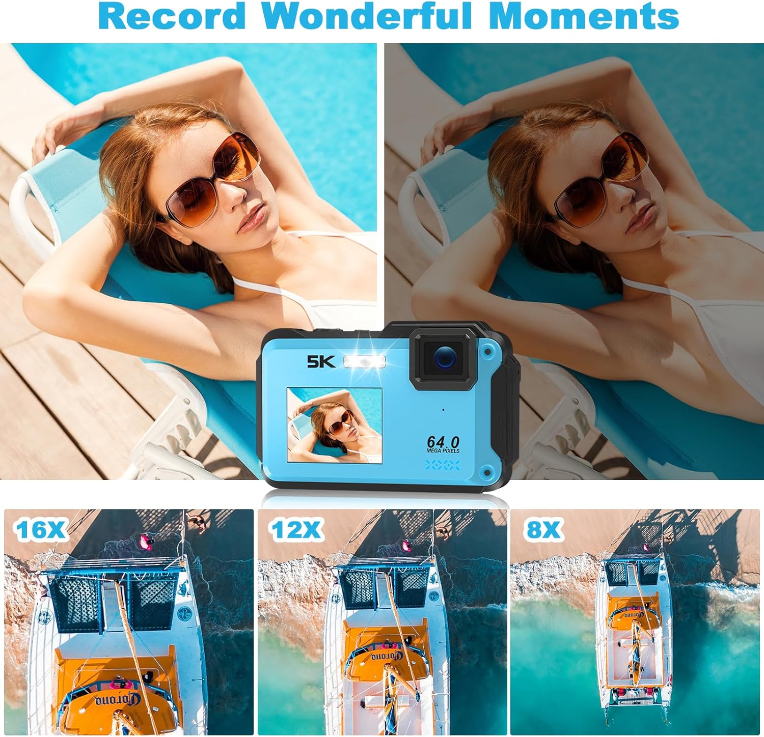 5K Underwater Camera, WiFi 16FT Waterproof Digital Camera, 16X Digital Zoom Dual-Screen Selfie 64MP Underwater Camera for Snorkeling, Waterproof Camera with Fill Light, Lanyard & 32GB TF Card, Blue-5