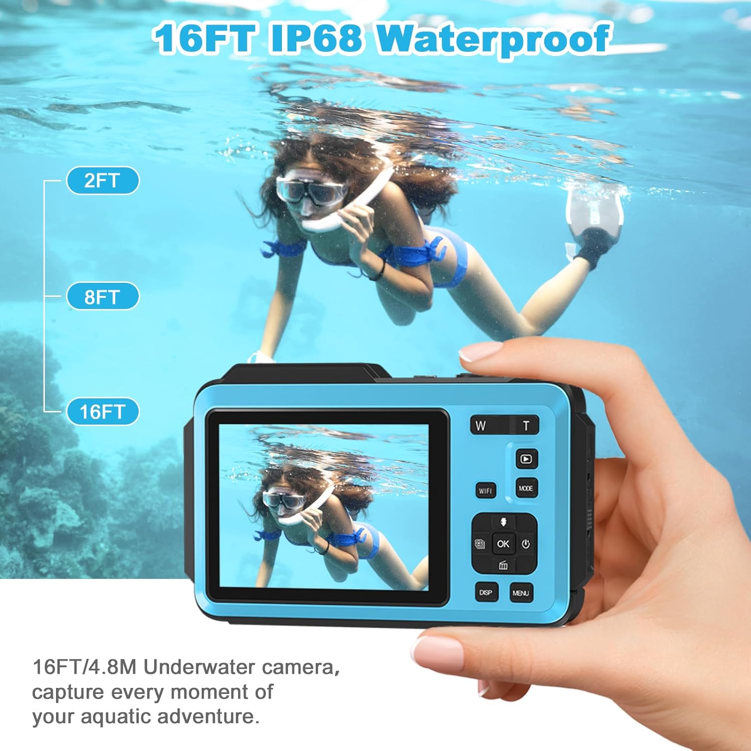 5K Underwater Camera, WiFi 16FT Waterproof Digital Camera, 16X Digital Zoom Dual-Screen Selfie 64MP Underwater Camera for Snorkeling, Waterproof Camera with Fill Light, Lanyard & 32GB TF Card, Blue-6