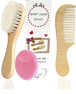 3PCS Baby Hair Brush with Wooden Handle and Comb Set for Newborns & Toddlers | Natural Soft Goat Bristles l Wood comb l Pink Silicone Brush| Ideal for Cradle Cap