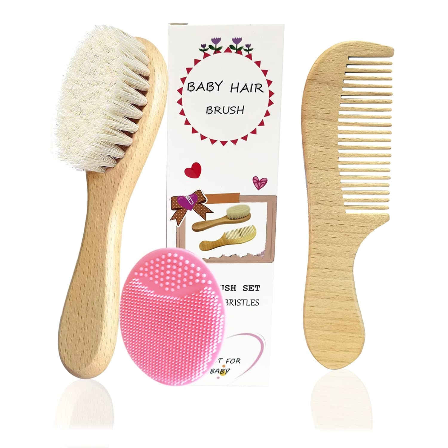 3PCS Baby Hair Brush with Wooden Handle and Comb Set for Newborns & Toddlers | Natural Soft Goat Bristles l Wood comb l Pink Silicone Brush| Ideal for Cradle Cap-0