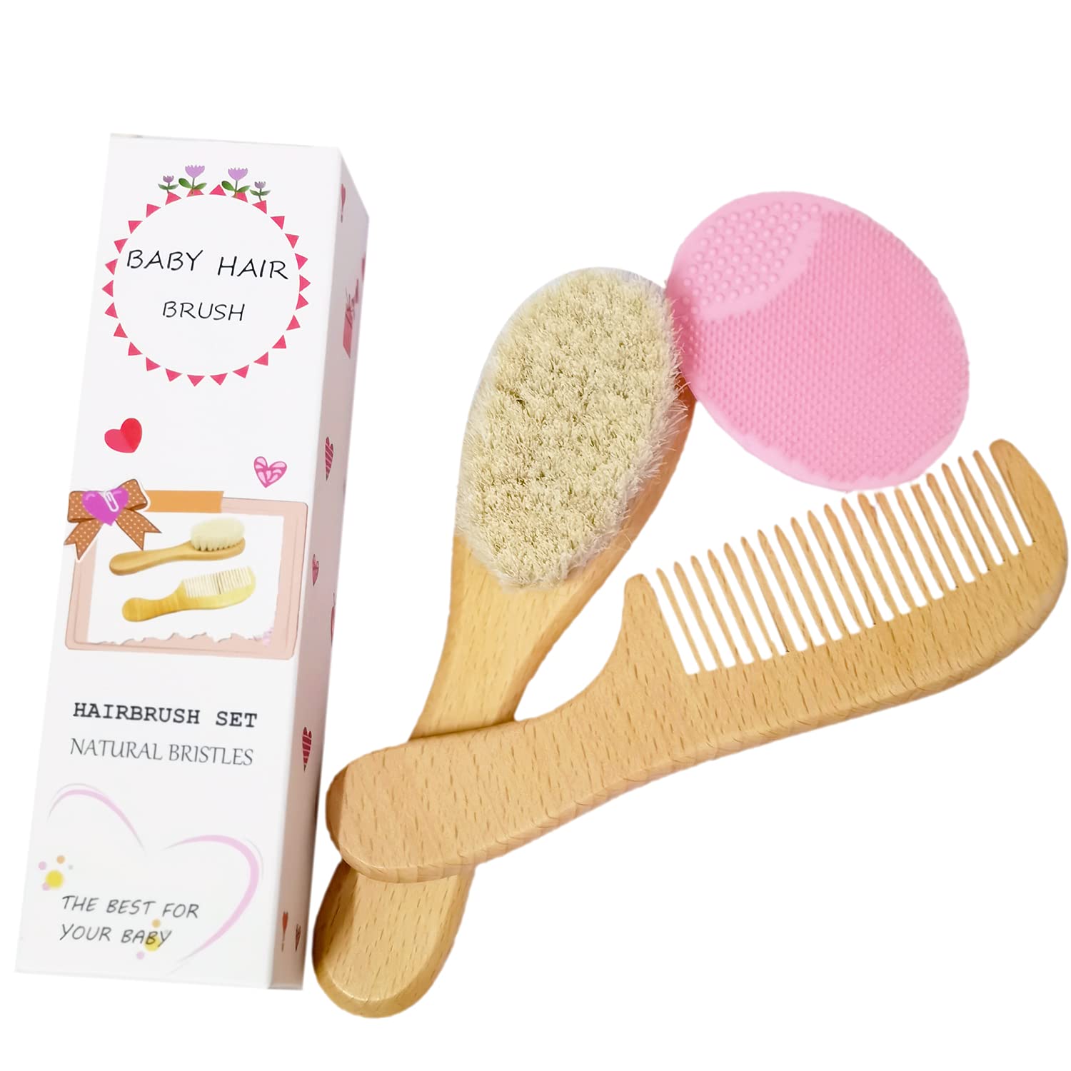 3PCS Baby Hair Brush with Wooden Handle and Comb Set for Newborns & Toddlers | Natural Soft Goat Bristles l Wood comb l Pink Silicone Brush| Ideal for Cradle Cap-1