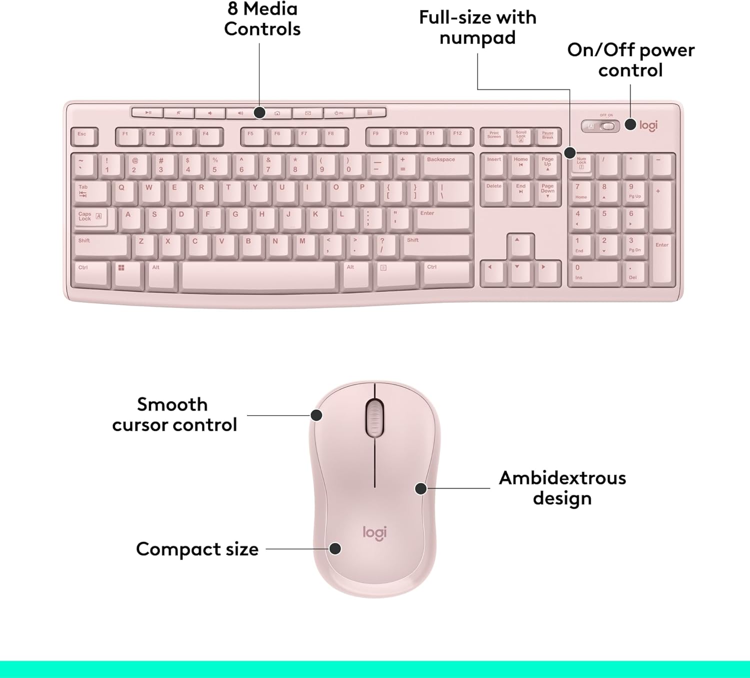 Logitech MK270 Wireless Keyboard and Mouse Combo for Windows, 2.4 GHz Wireless, Compact Mouse, 8 Multimedia and Shortcut Keys, 2-Year Battery Life, for PC, Laptop - Rose-6