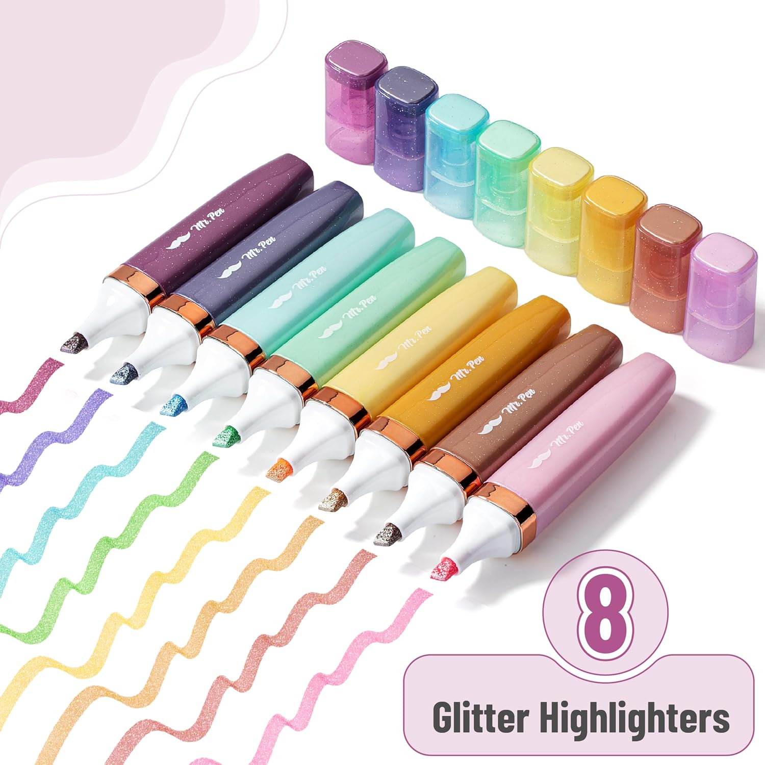 Mr. Pen- Glitter Highlighters, 8 Pack, Pastel and Metallic Colors, Chisel Tip, Highlighters Glitter Highlighter Markers, Sparkly Highlighters Aesthetic Highlighters, Sparkle Highlighters-1