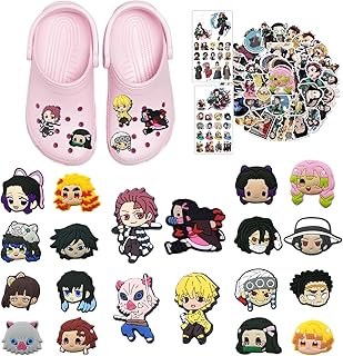 25 Pcs Tanjiro Kamado Shoe Charm for Clog Charm Decorations PVC Japanese Anime Charm De Zapato Para Zueco Bracelet Wristband Party Gifts with 50 Demon Stickers 2 Tattoo Stickers