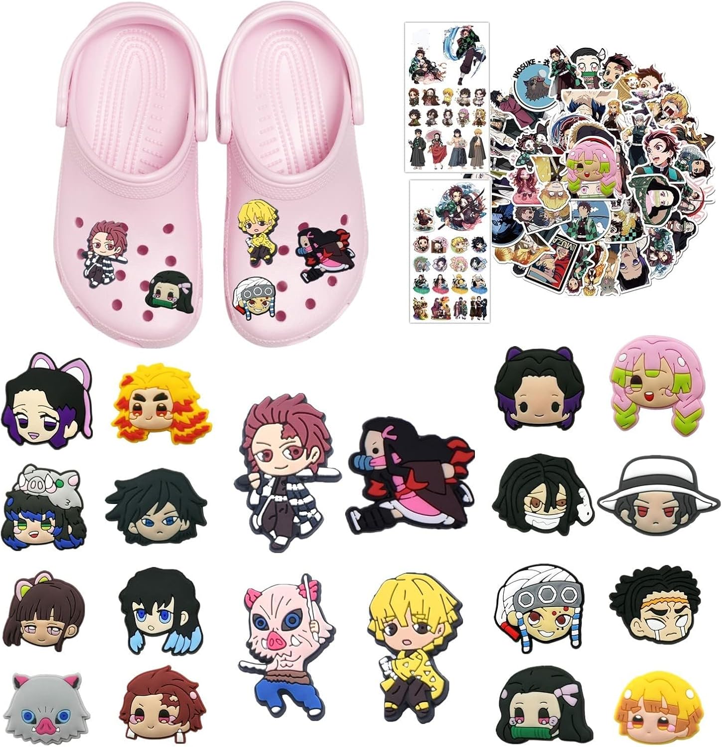 25 Pcs Tanjiro Kamado Shoe Charm for Clog Charm Decorations PVC Japanese Anime Charm De Zapato Para Zueco Bracelet Wristband Party Gifts with 50 Demon Stickers 2 Tattoo Stickers-0