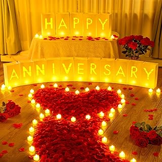 Happy Anniversary Light Up Letters with LED Heart Flameless Tealight Candle Red Rose Petal Letter Luminary Bag for Decoration Birthday Supplies Romantic Night Party