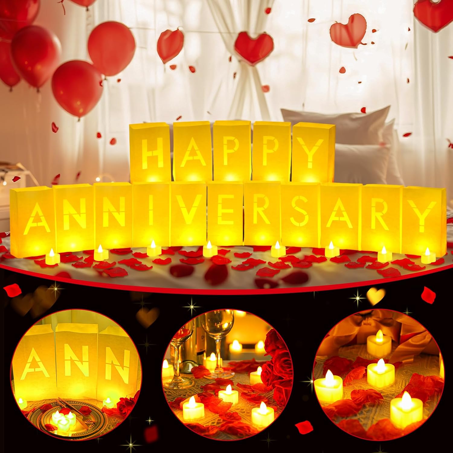 Happy Anniversary Light Up Letters with LED Heart Flameless Tealight Candle Red Rose Petal Letter Luminary Bag for Decoration Birthday Supplies Romantic Night Party-4