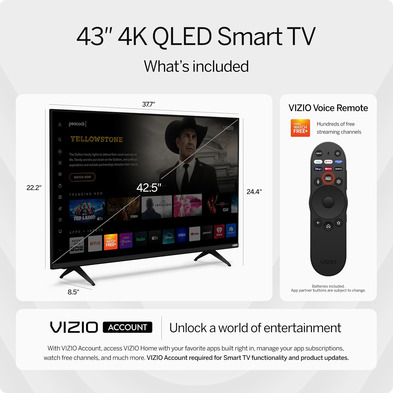 VIZIO 43-inch Quantum 4K QLED HDR Smart TV w/Dolby Vision HDR, 120fps @1080p PC Gaming, WiFi 6, Bluetooth Headphone Capable, Apple AirPlay, Google Cast Built-in (VQD43M-0801, New)-4