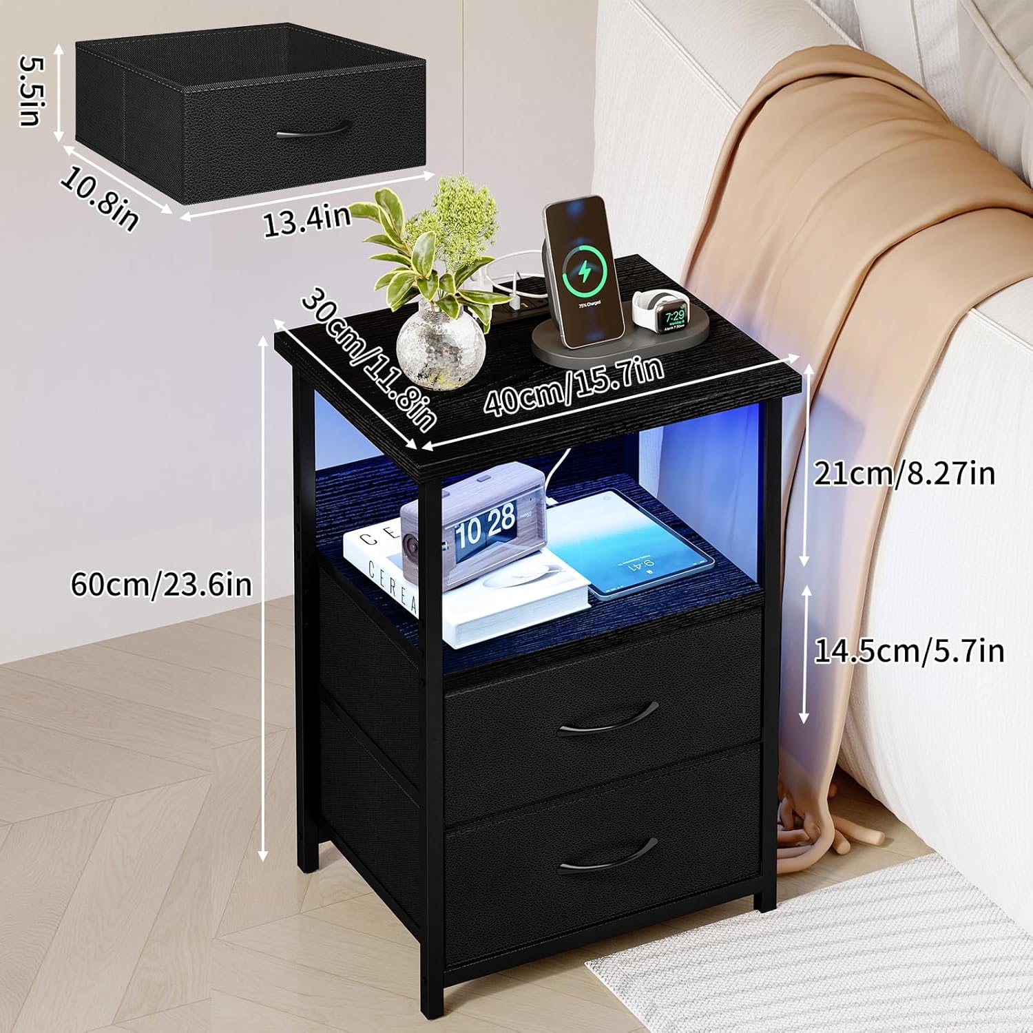 Fixwal Night Stand with Charging Station, LED Nightstand with U-S-B Ports and Outlets, 2 Fabric Storage Drawers with PU Finish, Bedside Table, Black-2