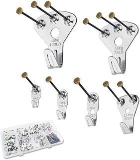 Picture Hangers, 125Pcs Heavy Duty Picture Hanging Kit, Picture Hanging Hooks with Nails, Wall Hangers, Wall Hanging Kit for Drywall/Wooden Wall, Holds 10-100 lbs(Silver)