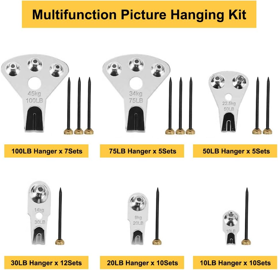 Picture Hangers, 125Pcs Heavy Duty Picture Hanging Kit, Picture Hanging Hooks with Nails, Wall Hangers, Wall Hanging Kit for Drywall/Wooden Wall, Holds 10-100 lbs(Silver)-1