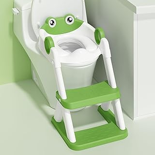 Frog Potty Training Seat, Upgrade Toddler Toilet Seat for Kids Boys Girls, 2 in 1 Potty Training Toilet for Kids, Splash Guard Anti-Slip Pad Step Stool