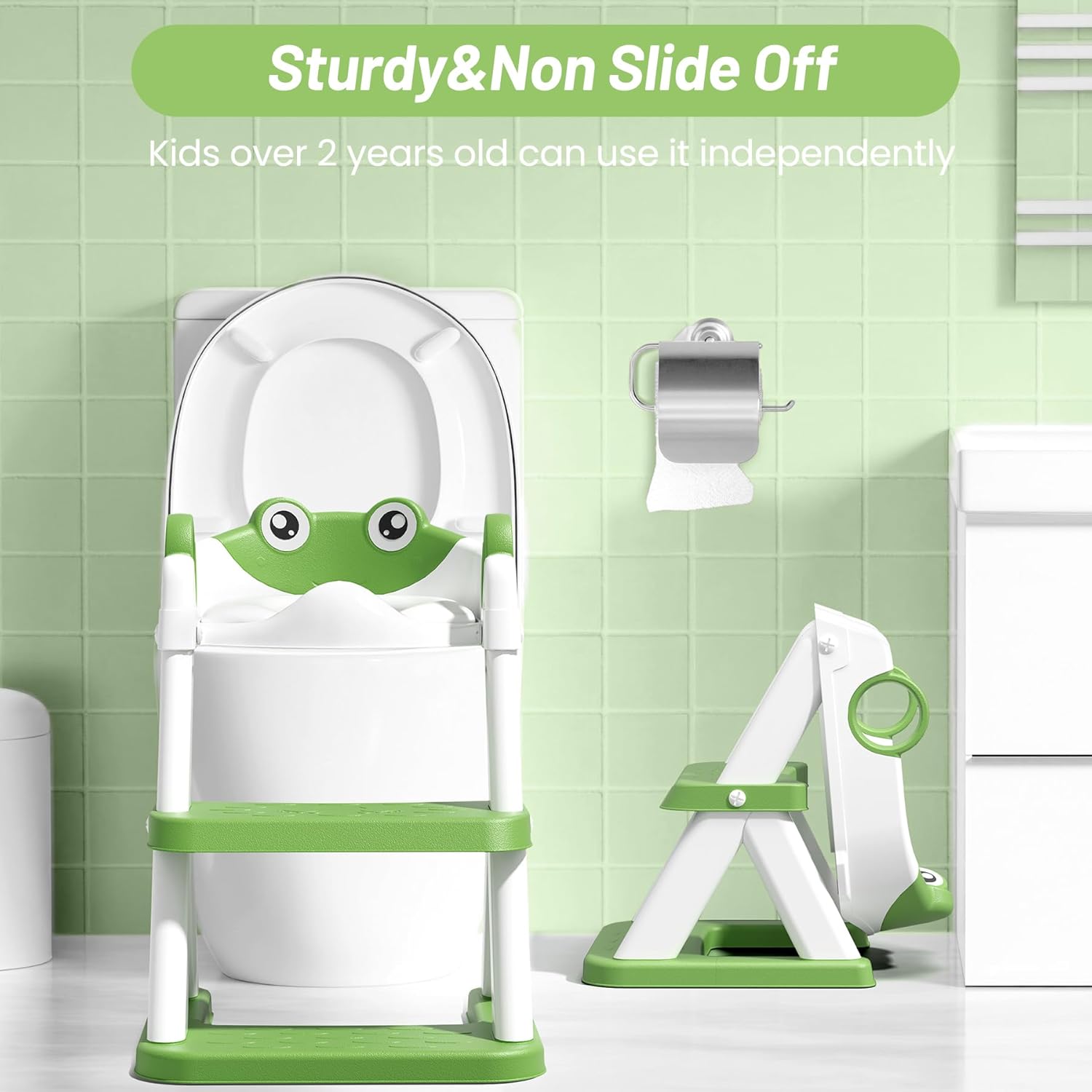 Frog Potty Training Seat, Upgrade Toddler Toilet Seat for Kids Boys Girls, 2 in 1 Potty Training Toilet for Kids, Splash Guard Anti-Slip Pad Step Stool-5