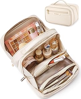 BAGSMART Travel Makeup Bag Large Capacity Cosmetic Bag, Wide-open Portable Make Up Bag Organizer for Women for Travel Essentials Travel-Size Toiletries Accessories Bottles, Brushes (Beige)