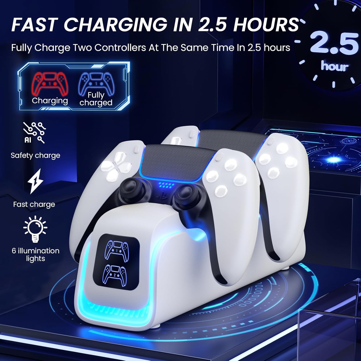 PS5 Controller Charger,PlayStation Charging Dock for PlayStation 5 Dualsense Edge with 6 LED & RGB Mode,Overcharge Protection Fast Controller Charging Station Stand Skin with Cable for Game Consoles-3