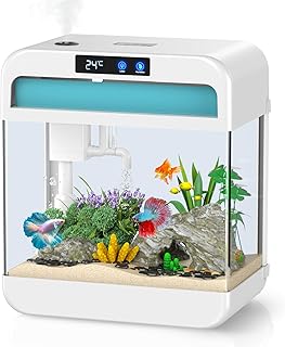 Fish Tank Aquarium 2.2 Gallon with Humidifier 7 Color Auto-Looping Light Self Cleaning 3 in 1 Pump with Filteration & Oxygenation & Circulation, Temperature Display, HD Float Glass, Thickened Base