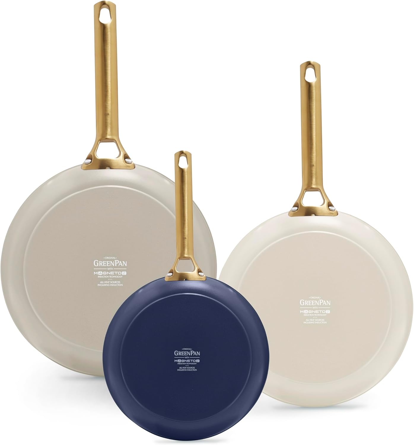 GreenPan Reserve 8” 10” and 12” Frying Pan Set, Induction Suitable, Ceramic Nonstick Hard Anodized Skillets, PFAS & PFOA-Free, Dishwasher and Oven Safe, Gold Handles, Navy, Taupe, Cream-0