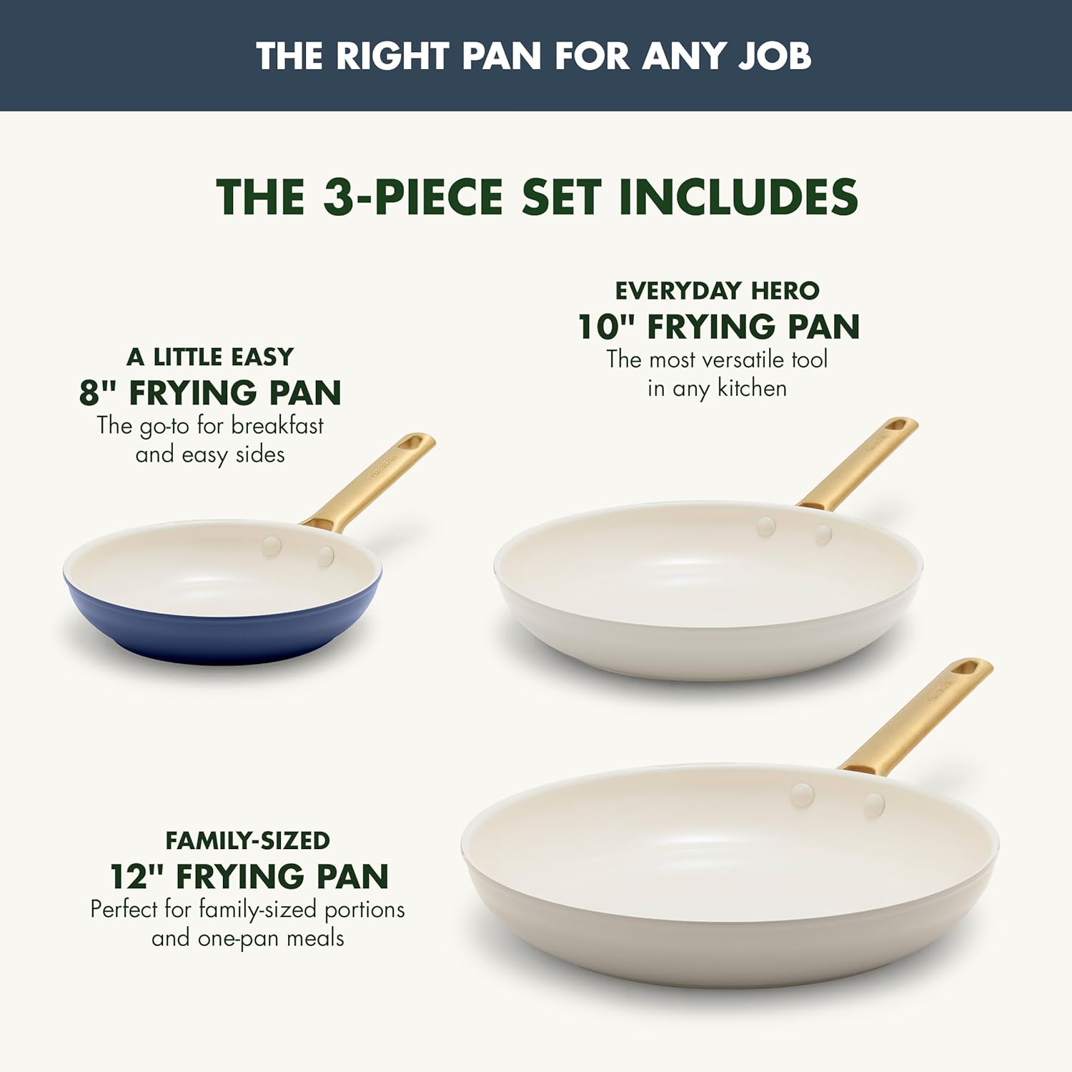 GreenPan Reserve 8” 10” and 12” Frying Pan Set, Induction Suitable, Ceramic Nonstick Hard Anodized Skillets, PFAS & PFOA-Free, Dishwasher and Oven Safe, Gold Handles, Navy, Taupe, Cream-2