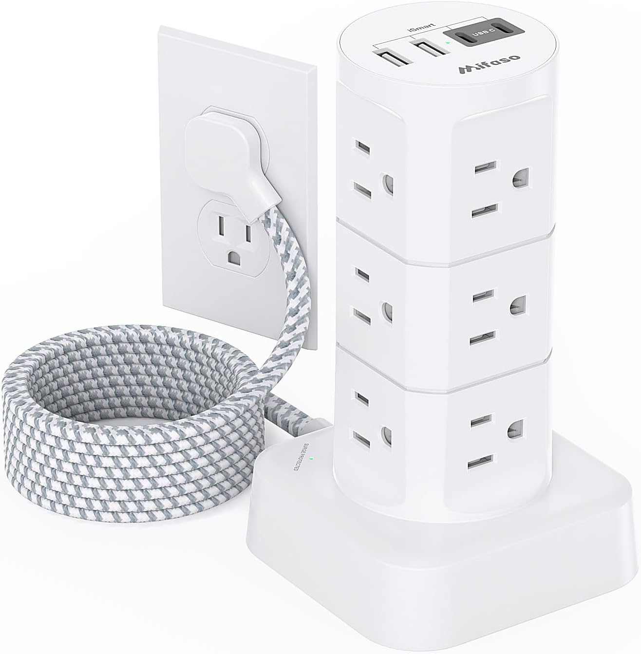 Power Strips with Surge Protection, Flat Plug Power Strip with 12 Outlets 4 USB Ports, Surge Protector Tower 1875W/15A 1080J, 6Ft Extension Cord with Multiple Outlets, Office Supplies, Dorm Essentials-0