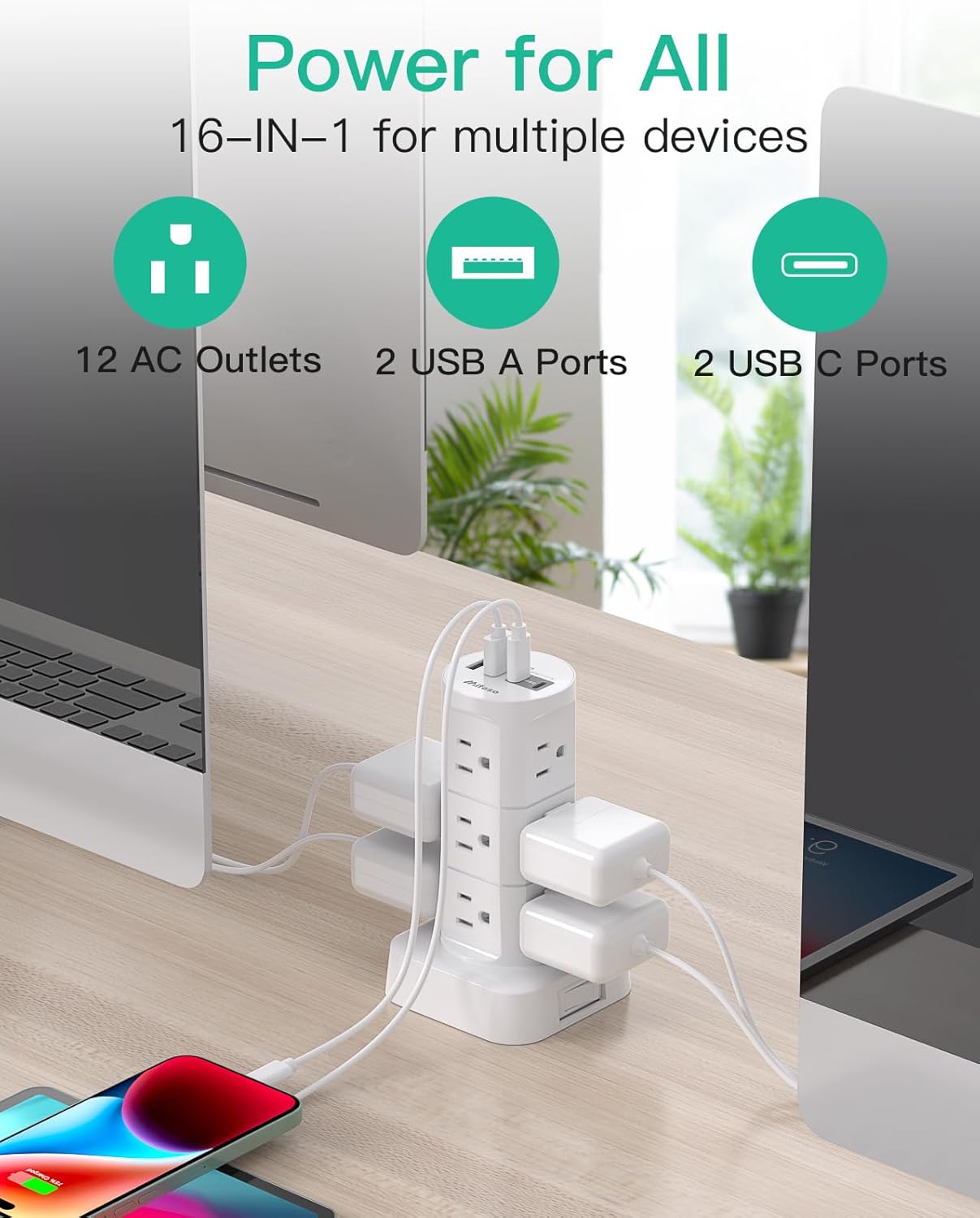 Power Strips with Surge Protection, Flat Plug Power Strip with 12 Outlets 4 USB Ports, Surge Protector Tower 1875W/15A 1080J, 6Ft Extension Cord with Multiple Outlets, Office Supplies, Dorm Essentials-6