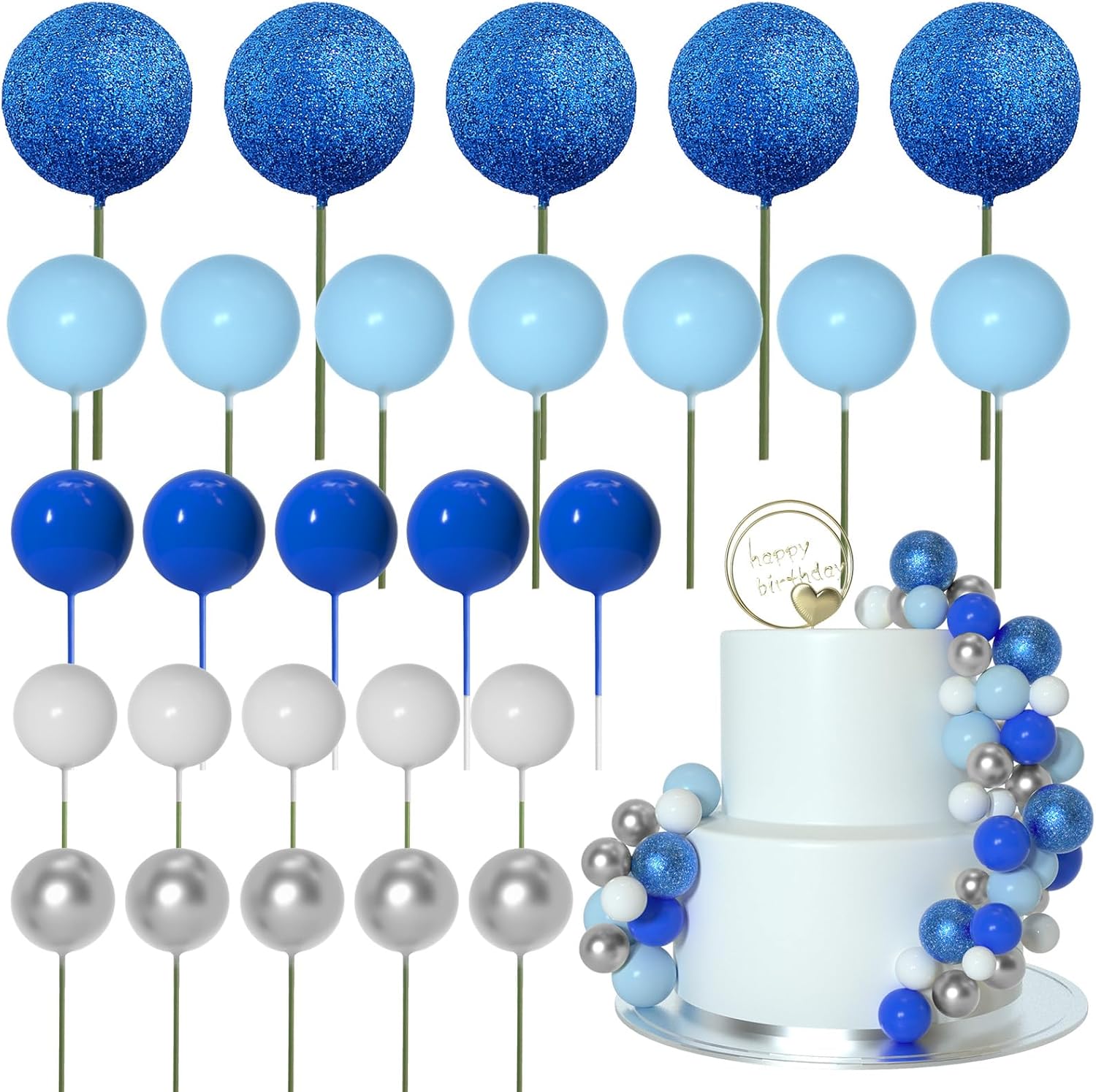 ASTARON 50 Pcs Ball Cake Topper Sticks Mini Balloons for Cake Decorating Supplies Foam Balls Cake decorations for Baby Shower Cake Birthday Cake Toppers Decorations (Blue Series)-0