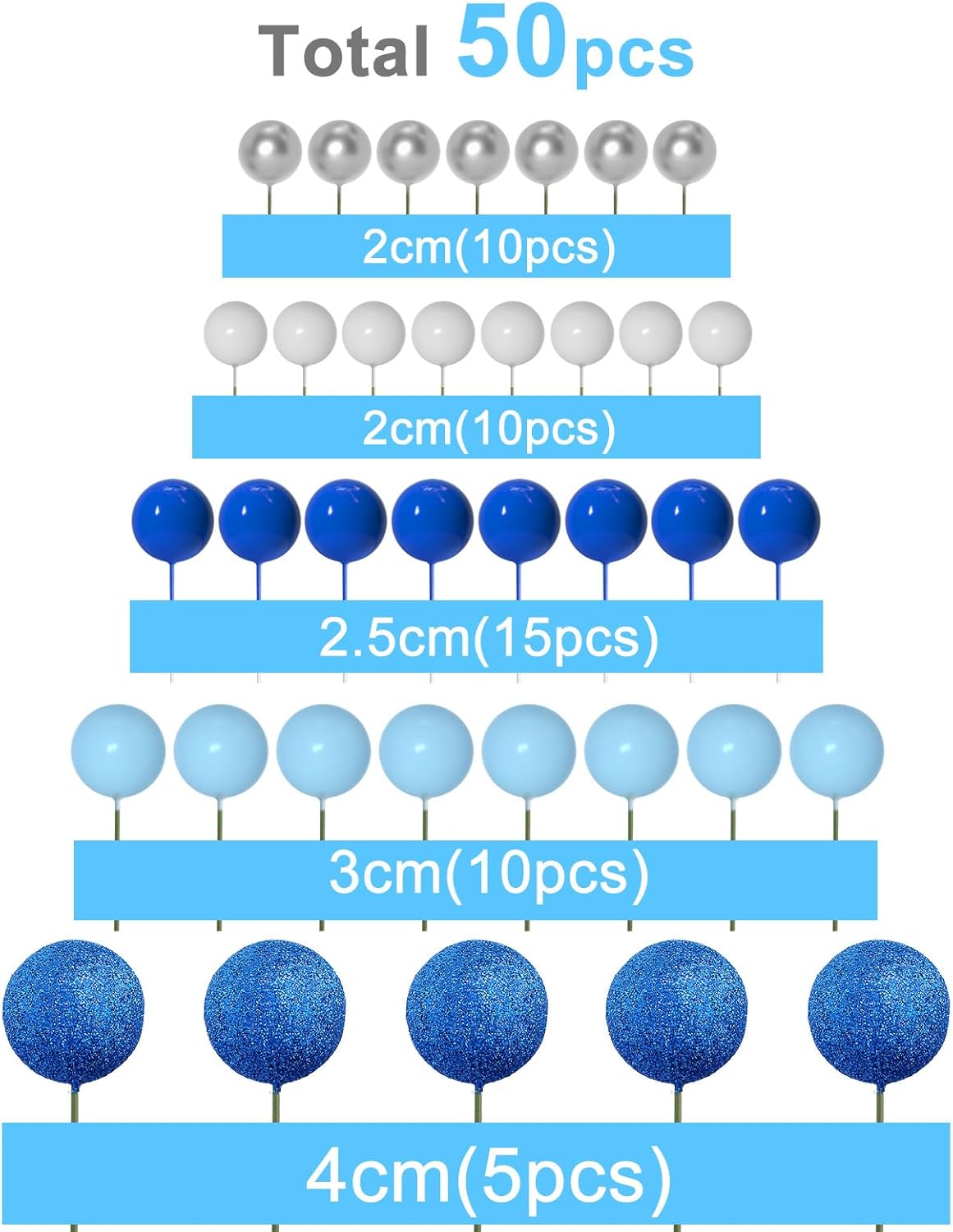 ASTARON 50 Pcs Ball Cake Topper Sticks Mini Balloons for Cake Decorating Supplies Foam Balls Cake decorations for Baby Shower Cake Birthday Cake Toppers Decorations (Blue Series)-1