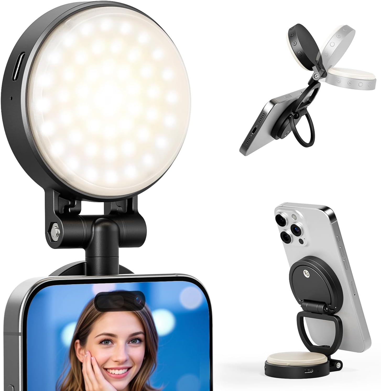 RALENO Magnetic Selfie Light for MagSafe iPhone, LED Phone Light for TikTok Vlog Zoom Makeup Video Conference, 350Lux/0.5m Ring Light with Stand Function & 2 Magnetic Ring & 3 Light Modes-0