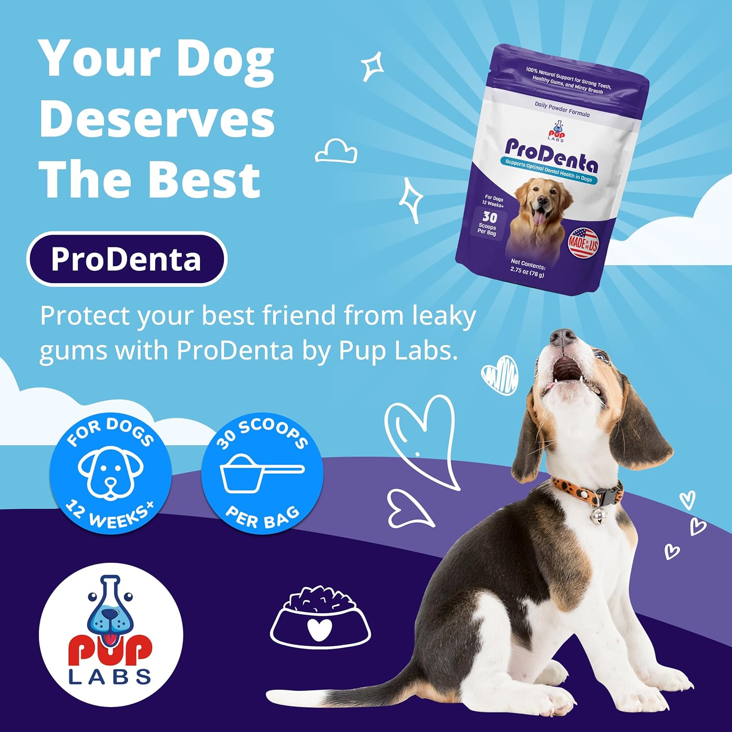 ProDenta - All-Natural and Delicious Dental Powder for Dogs Teeth and Gum Health Against Leaky Gums - for Dogs 12+ Weeks - Made in The USA - 30 Scoops per Bag-1