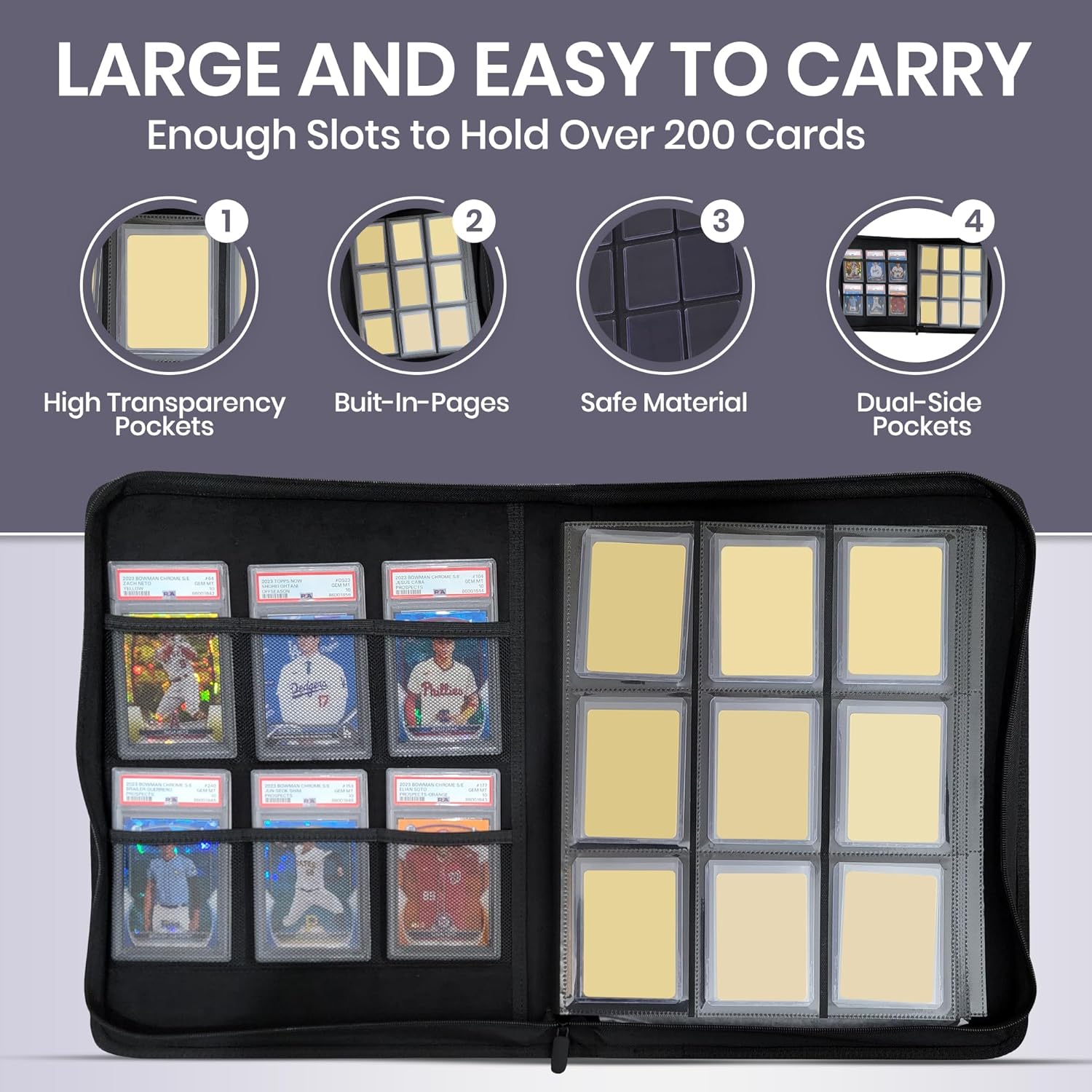 Premium 9 Pocket TopLoader Binder | Holds 216 3”x4” Toploaders Hard Cases | Storage Binder | Side Load Sleeves | FaB/MTG/Cards/TCG | Trading & Sports Holder (9 Pocket WIth 6 Storage Slots)-3