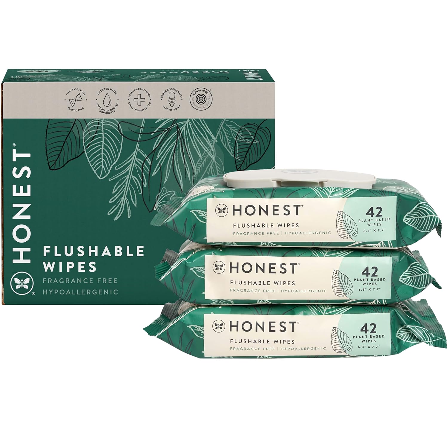 The Honest Company Plant-Based Flushable Wipes | 99% Water, Hypoallergenic, EWG Verified, Safe to Flush | Fragrance Free, 126 Count-0