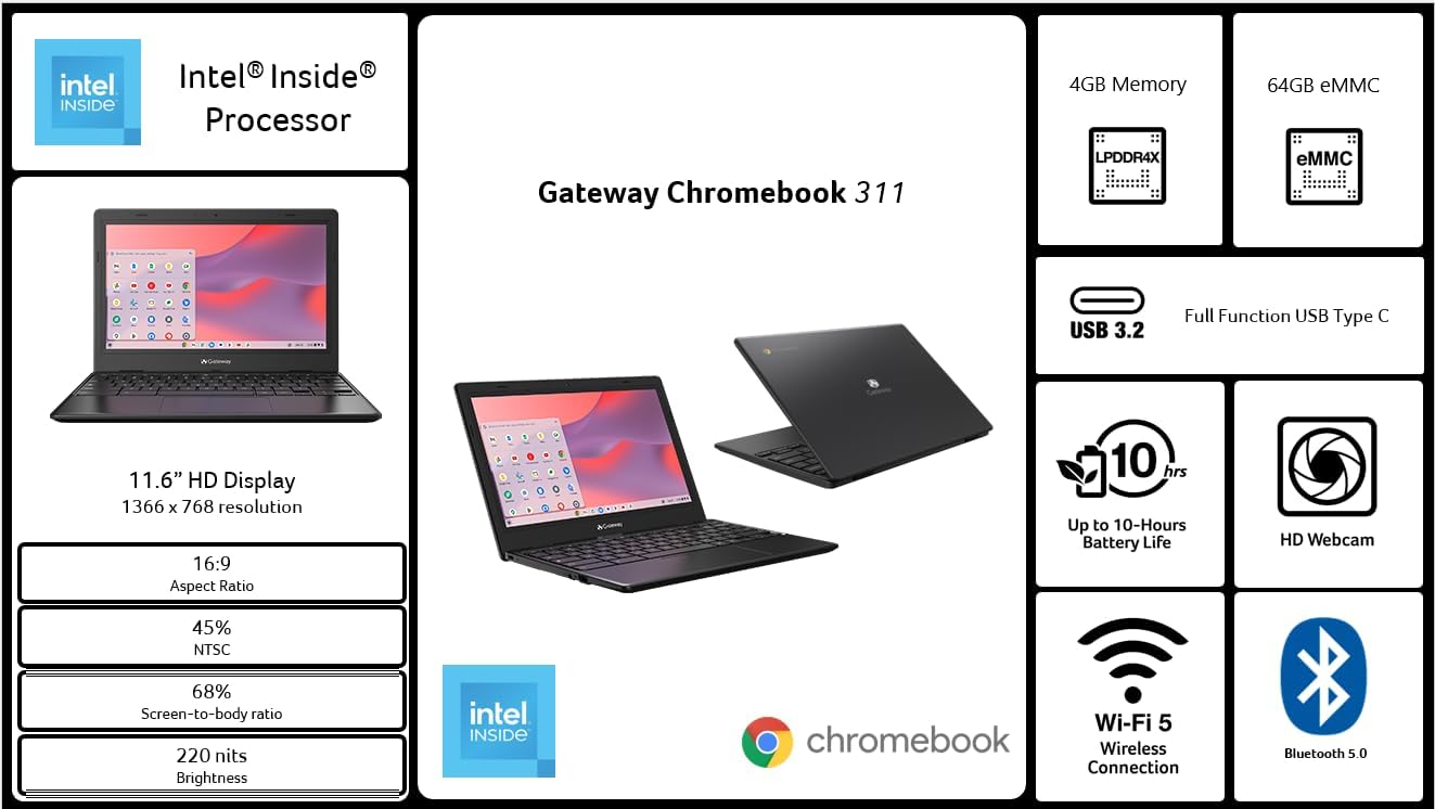 acer Gateway Chromebook 311 CBO311-1H-C1MX Laptop | Intel Celeron N4500 | 11.6" HD (1366 x 768) Display | 4GB LPDDR4X | 64GB eMMC | Wi-Fi 5 802.11ac | Chrome OS | Star Black-5