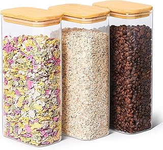 ComSaf 63oz Rectangle Glass Storage Containers with Lids, Glass Jars with Bamboo Lids, Clear Food Storage Jar, Square Glass Canister Set of 3, Pantry Organizers and Storage for Flour Pasta Coffee Bean