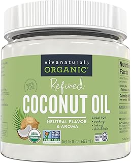 Viva Naturals Refined Coconut Oil - Expeller-Pressed Organic Coconut Oil for Cooking and Baking with Neutral Flavor & Aroma - USDA Organic Certified Hair Oil and Skin Moisturizer, 16 Fl Oz