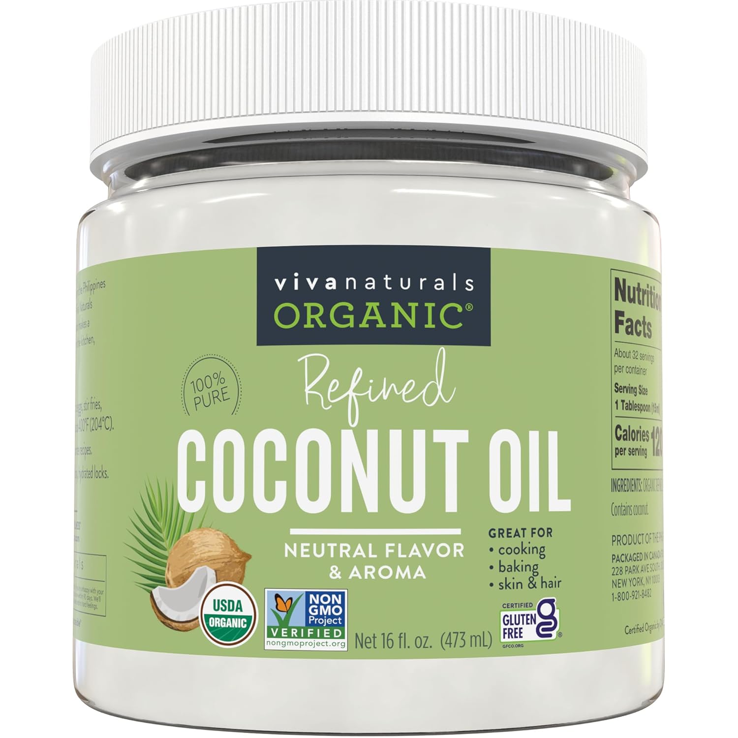 Viva Naturals Refined Coconut Oil - Expeller-Pressed Organic Coconut Oil for Cooking and Baking with Neutral Flavor & Aroma - USDA Organic Certified Hair Oil and Skin Moisturizer, 16 Fl Oz-0