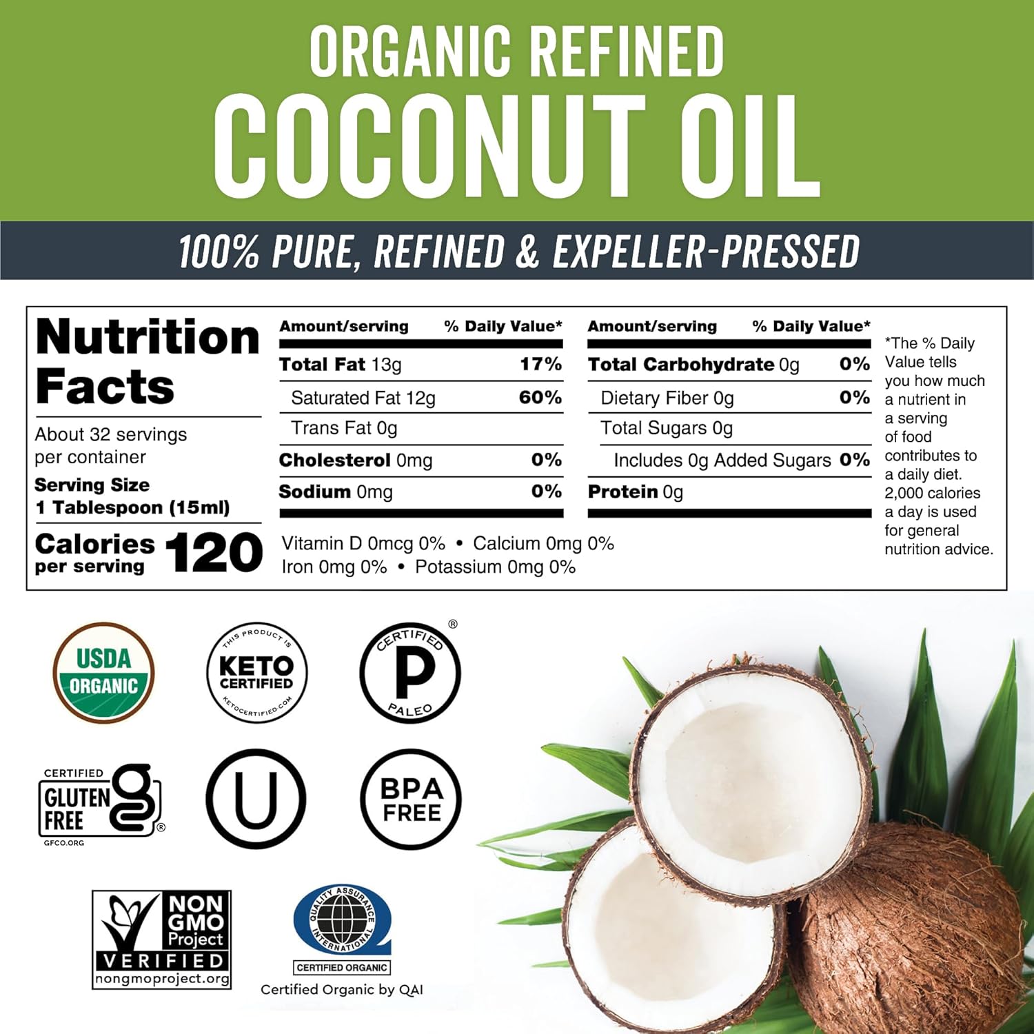 Viva Naturals Refined Coconut Oil - Expeller-Pressed Organic Coconut Oil for Cooking and Baking with Neutral Flavor & Aroma - USDA Organic Certified Hair Oil and Skin Moisturizer, 16 Fl Oz-3