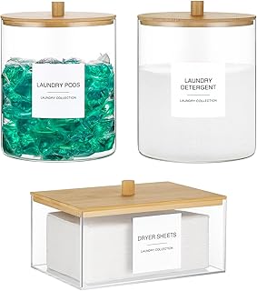 Glass Jars and Acrylic Dryer Sheet Holder, Laundry Pods Container with Bamboo Lid and 27 Labels, Powder Detergent Containers for Laundry Room Organization, Storage Jars Set (3 Pack)