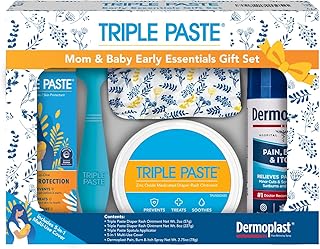 Triple Paste Mom & Baby Early Essentials Gift Set with 5 Items – Diaper Rash Ointment 8oz Jar & 2oz Tube, Spatula Applicator, Dermoplast Spray, and Multi-Use Cover - Baby Shower Gifts for New Mom