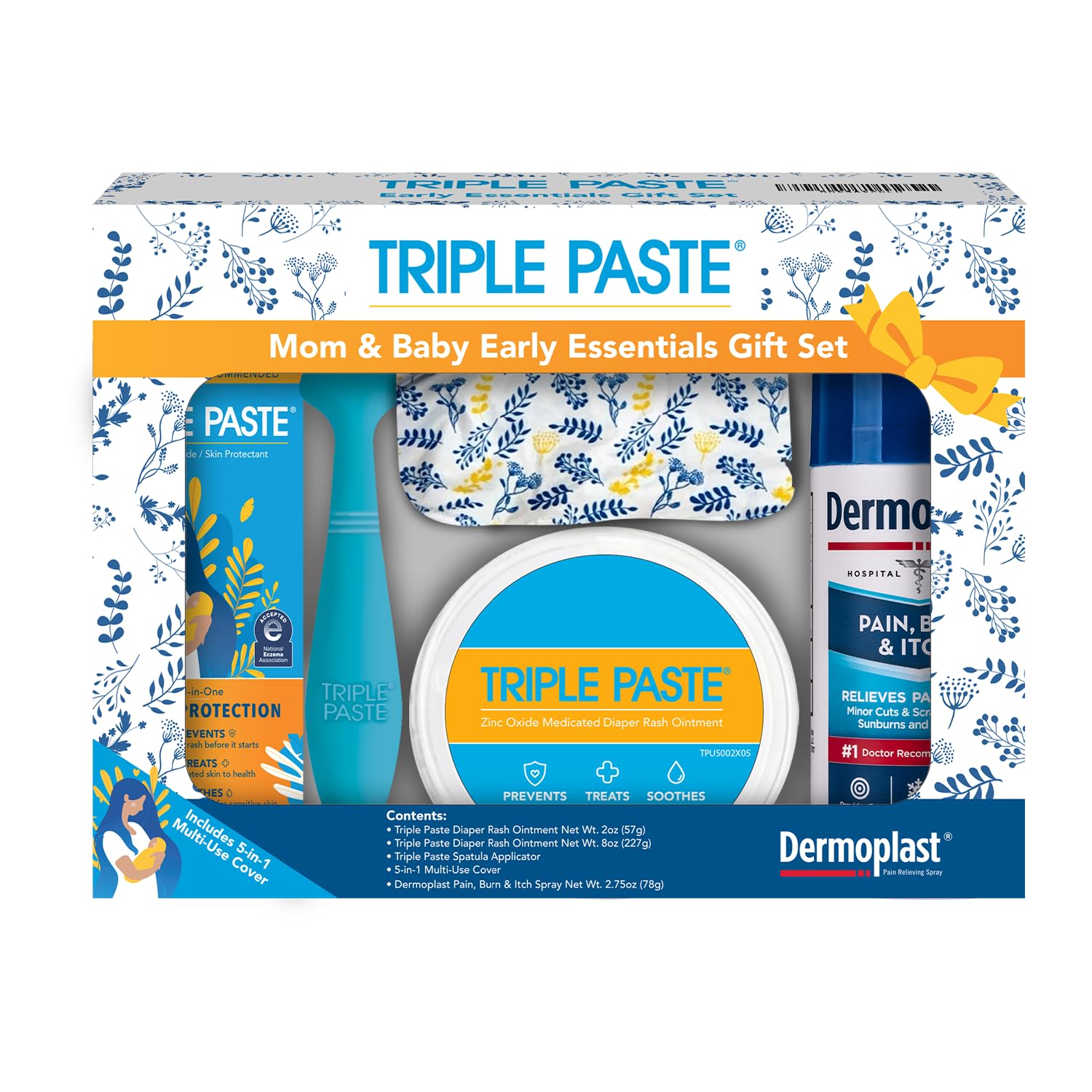 Triple Paste Mom & Baby Early Essentials Gift Set with 5 Items – Diaper Rash Ointment 8oz Jar & 2oz Tube, Spatula Applicator, Dermoplast Spray, and Multi-Use Cover - Baby Shower Gifts for New Mom-0