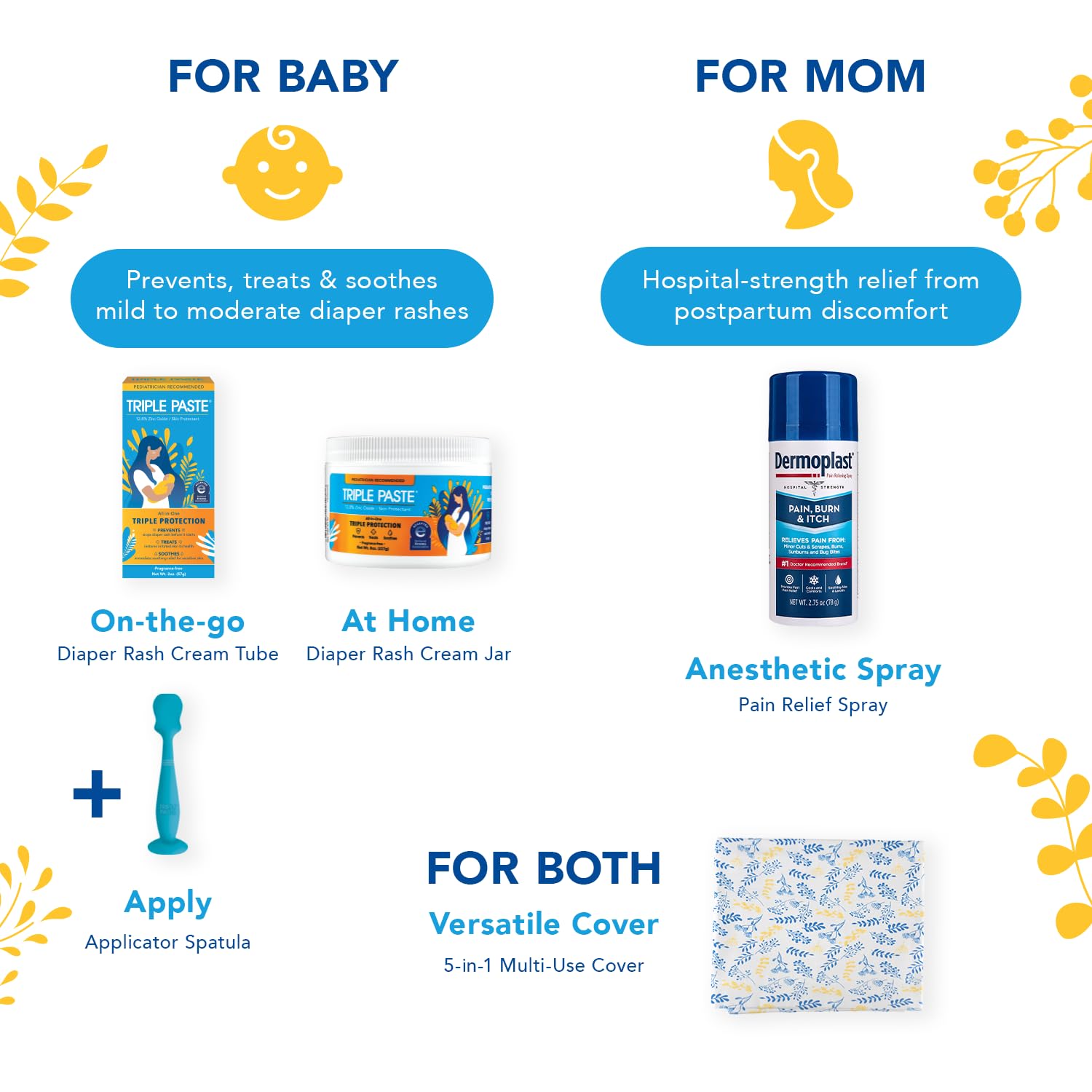 Triple Paste Mom & Baby Early Essentials Gift Set with 5 Items – Diaper Rash Ointment 8oz Jar & 2oz Tube, Spatula Applicator, Dermoplast Spray, and Multi-Use Cover - Baby Shower Gifts for New Mom-2