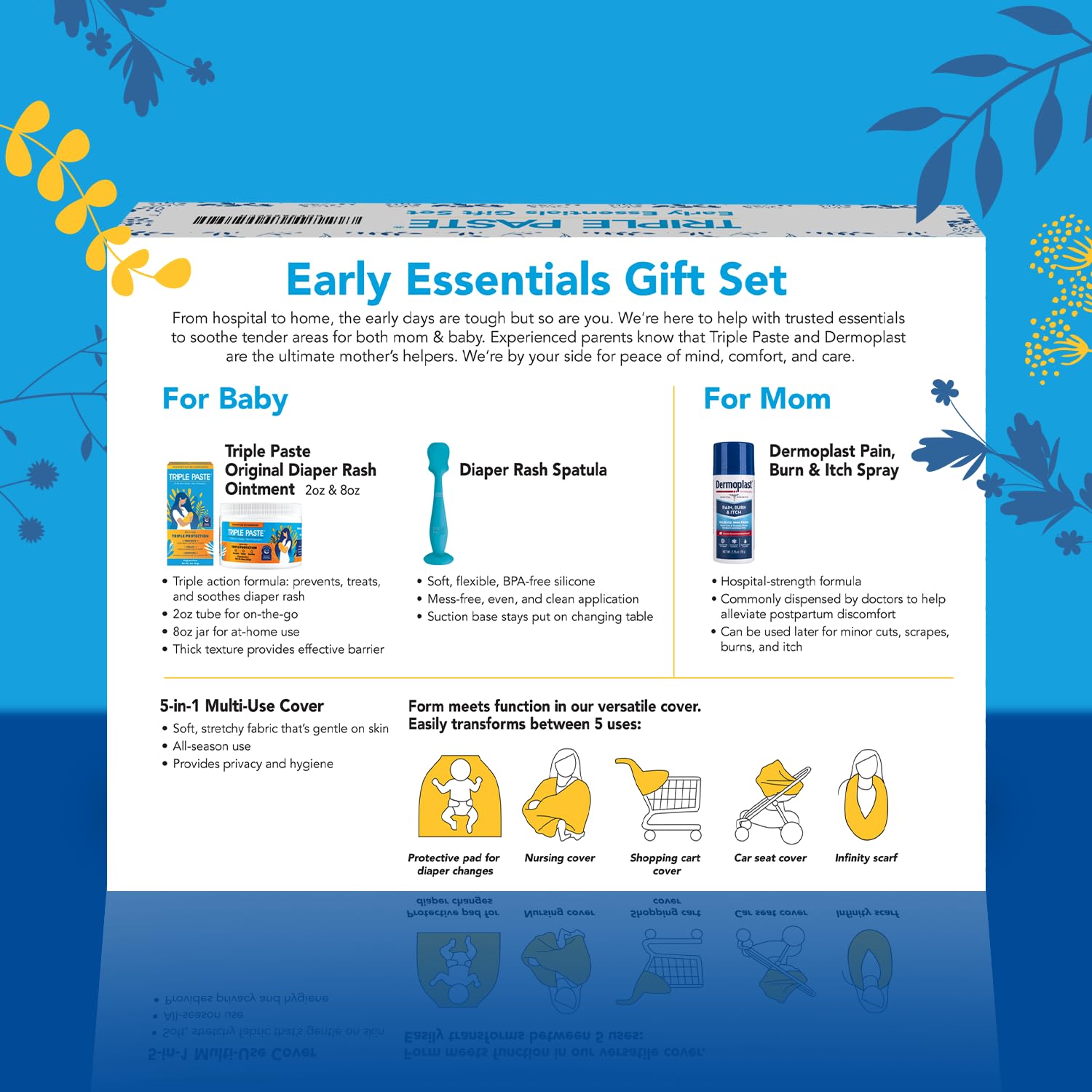 Triple Paste Mom & Baby Early Essentials Gift Set with 5 Items – Diaper Rash Ointment 8oz Jar & 2oz Tube, Spatula Applicator, Dermoplast Spray, and Multi-Use Cover - Baby Shower Gifts for New Mom-5