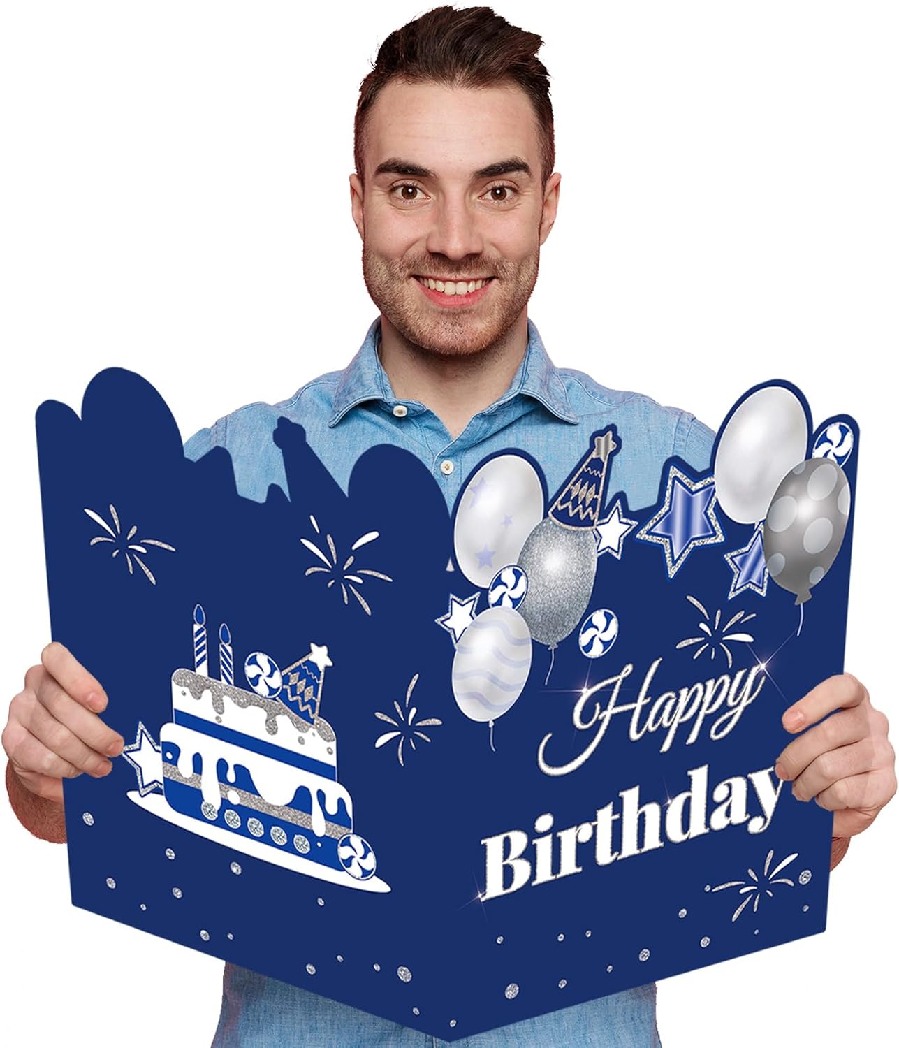 HOMANGA Giant Birthday Card, Jumbo happy Birthday Card for Men Women Colleague, Large Birthday Guest Book with Envelope, Blue Silver Big Birthday Card 14x22 inches-0