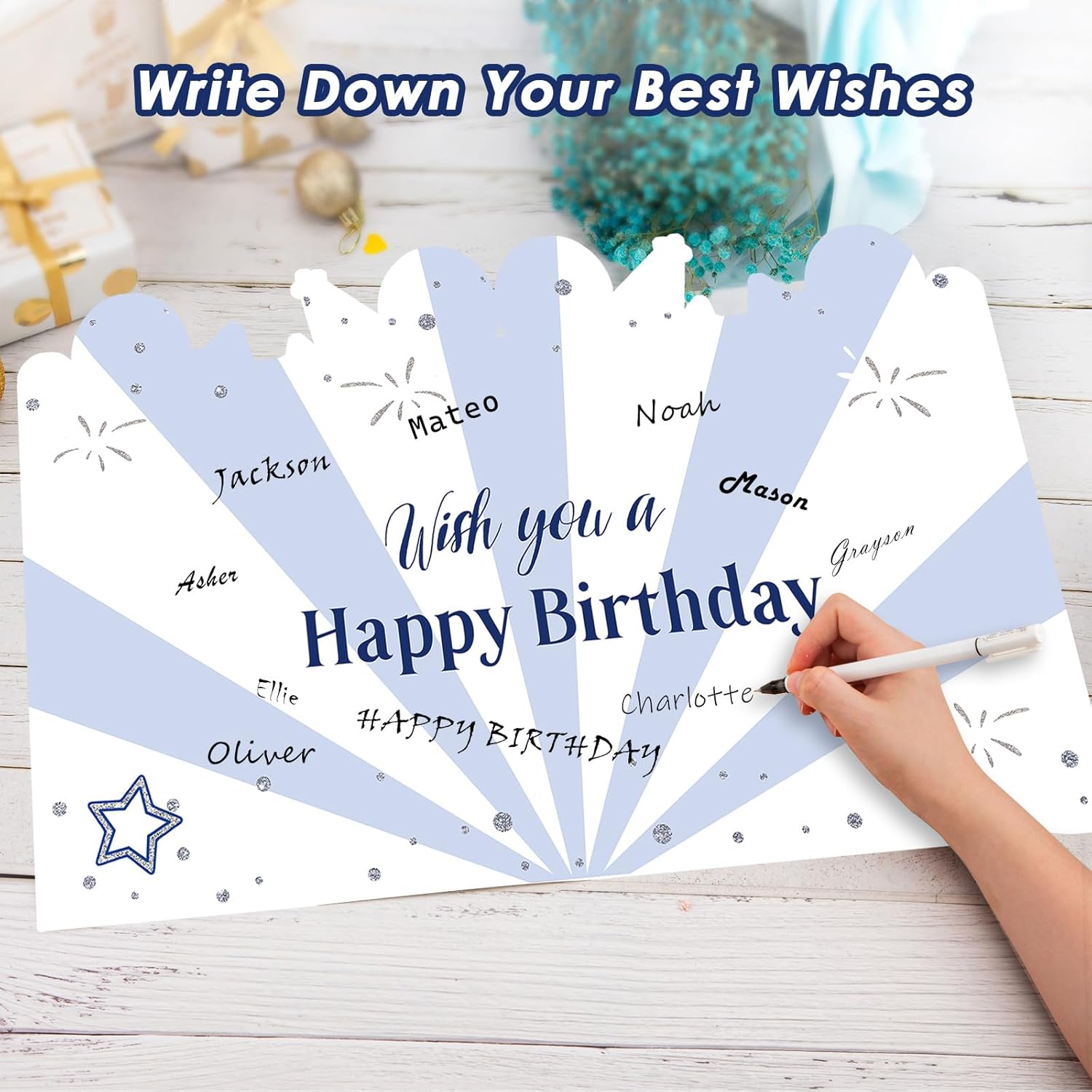 HOMANGA Giant Birthday Card, Jumbo happy Birthday Card for Men Women Colleague, Large Birthday Guest Book with Envelope, Blue Silver Big Birthday Card 14x22 inches-2