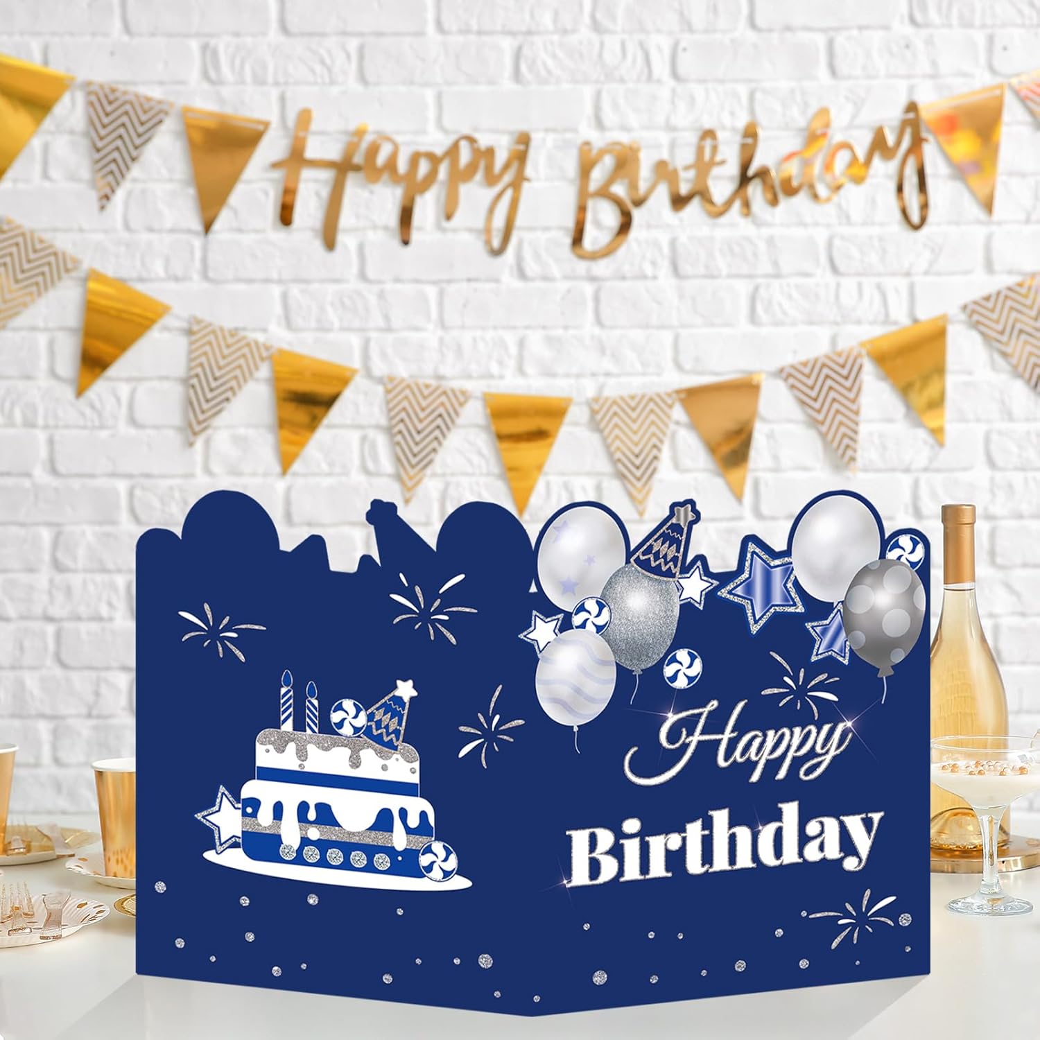 HOMANGA Giant Birthday Card, Jumbo happy Birthday Card for Men Women Colleague, Large Birthday Guest Book with Envelope, Blue Silver Big Birthday Card 14x22 inches-4